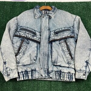 VTG EXPEDITIONS Men's Acid Wash Denim Bomber Jacket Blue Small Insulated 80s
